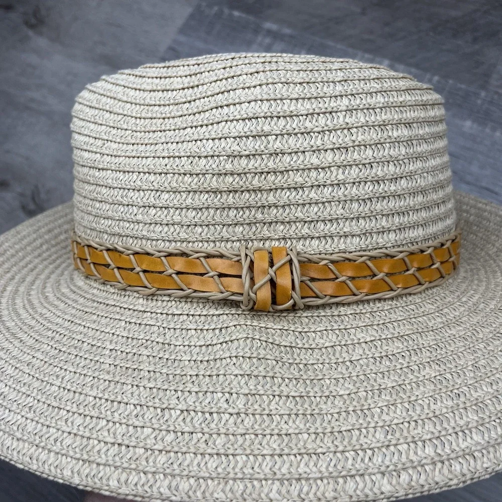 Columbia Straw Beach Sun Floppy Hat Unisex‎ Size S/M Braided Leather